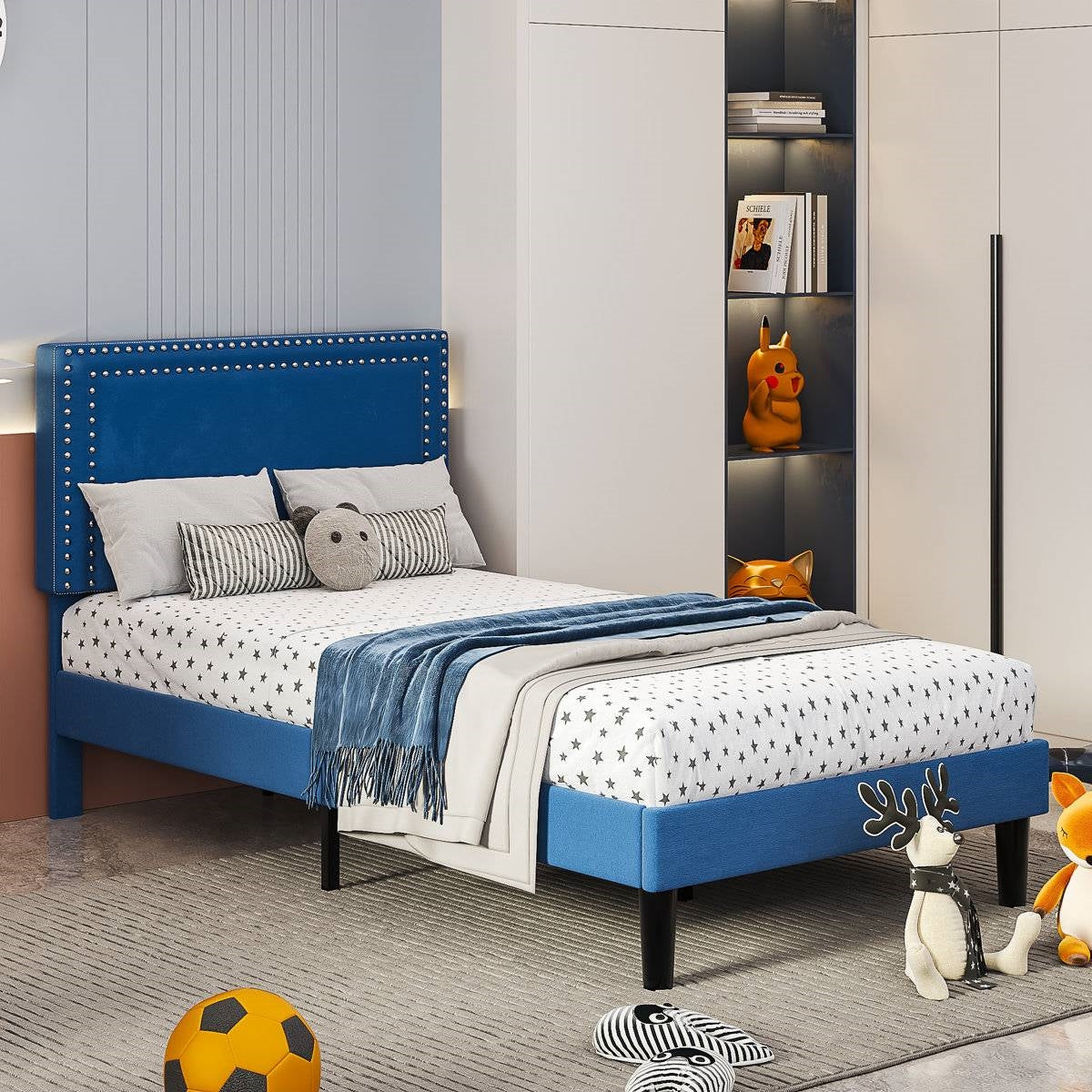 Set of 2 - Twin Dark Blue Upholstered Platform Bed with Nailhead Trim Headboard - - Bedroom > Bed Frames > Platform Beds