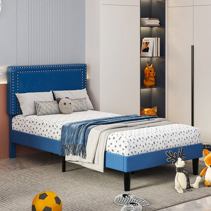 Set of 2 - Twin Dark Blue Upholstered Platform Bed with Nailhead Trim Headboard - - Bedroom > Bed Frames > Platform Beds