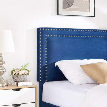 Set of 2 - Twin Dark Blue Upholstered Platform Bed with Nailhead Trim Headboard - - Bedroom > Bed Frames > Platform Beds