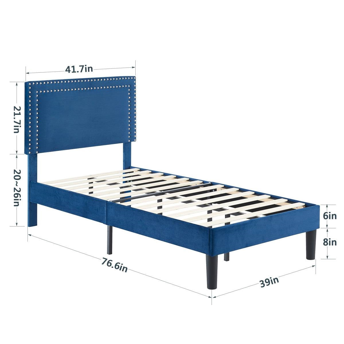 Set of 2 - Twin Dark Blue Upholstered Platform Bed with Nailhead Trim Headboard - - Bedroom > Bed Frames > Platform Beds