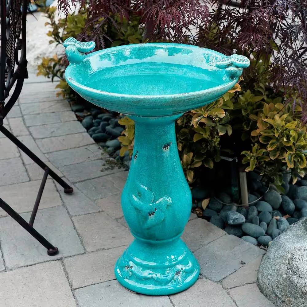 Outdoor Turquoise Blue Ceramic Birdbath - - Outdoor > Outdoor Decor > Bird Baths