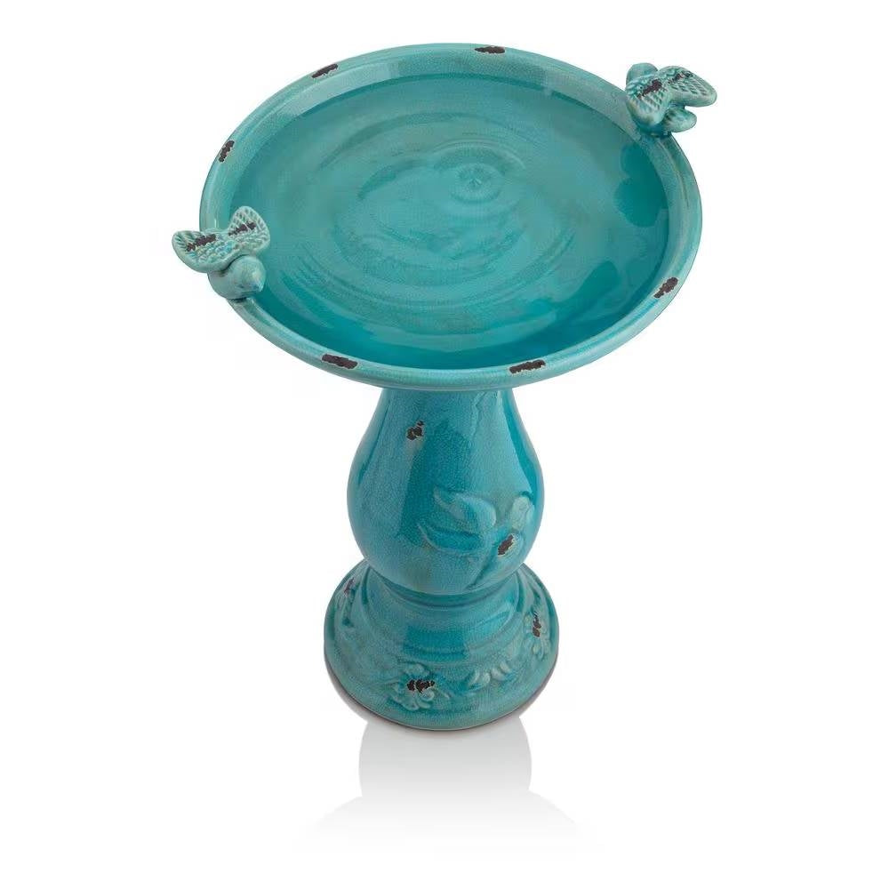 Outdoor Turquoise Blue Ceramic Birdbath - - Outdoor > Outdoor Decor > Bird Baths