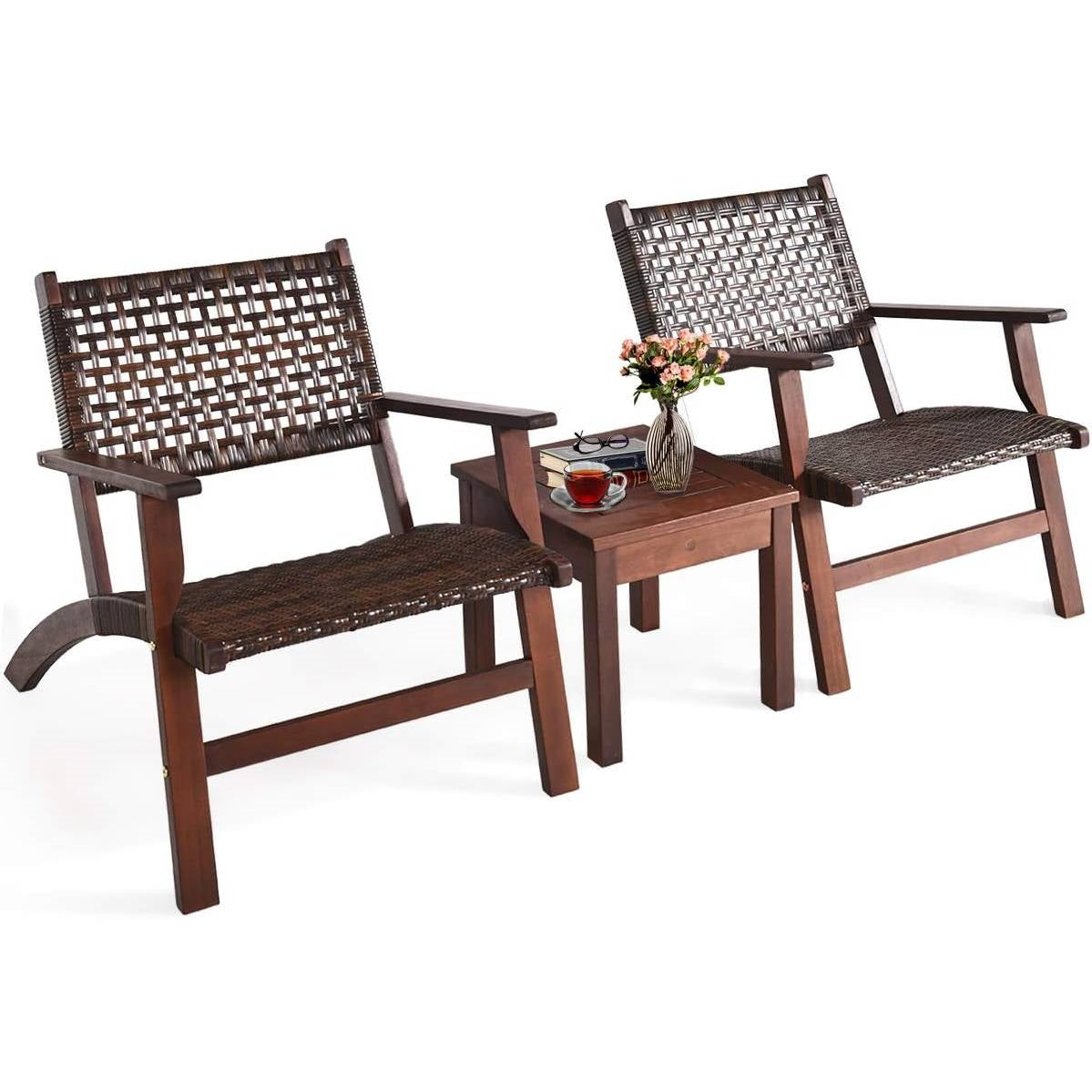 Solid Wood and Rattan 3-Piece Outdoor Patio Furniture Table Chairs Set - - Outdoor > Outdoor Furniture > Patio Furniture Sets