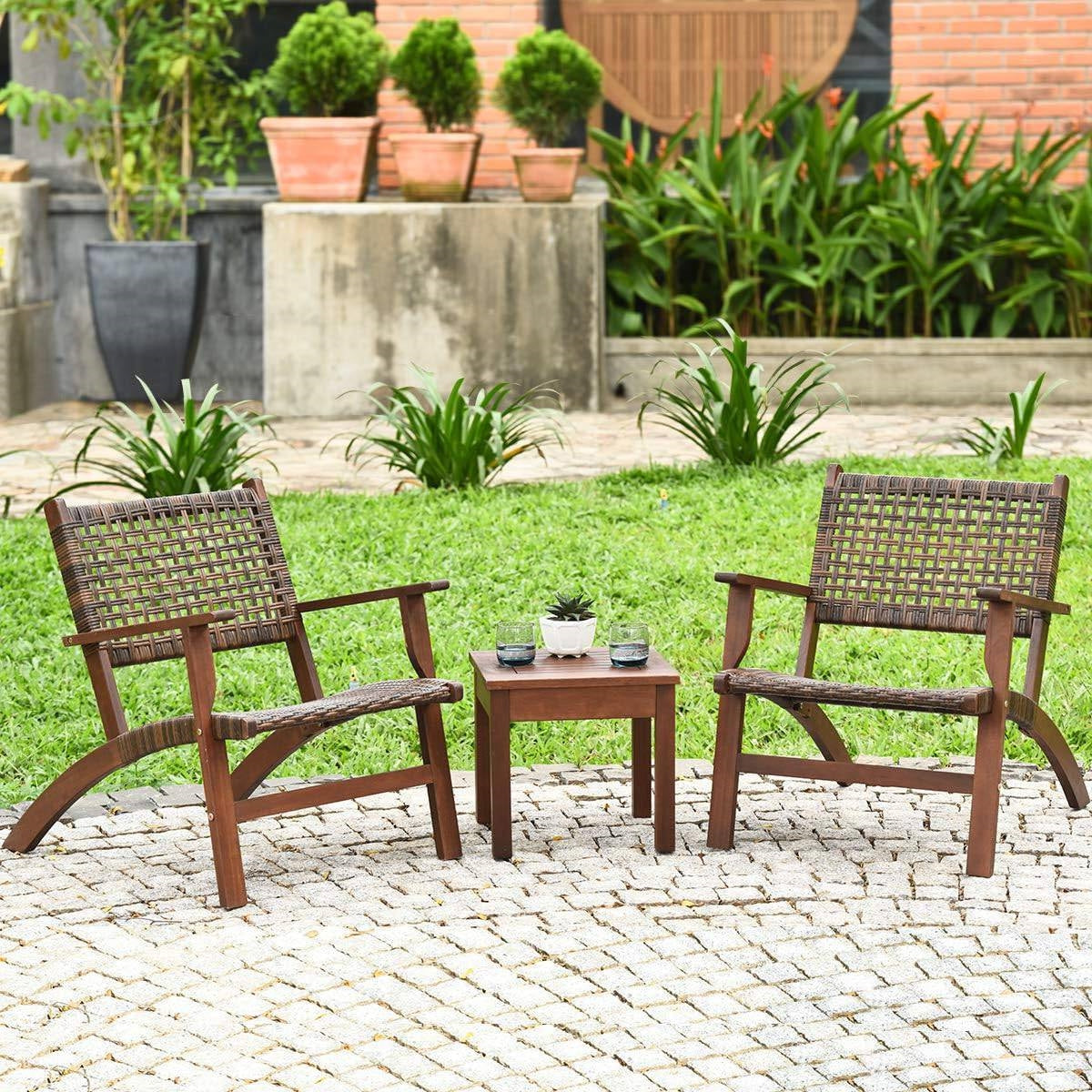 Solid Wood and Rattan 3-Piece Outdoor Patio Furniture Table Chairs Set - - Outdoor > Outdoor Furniture > Patio Furniture Sets