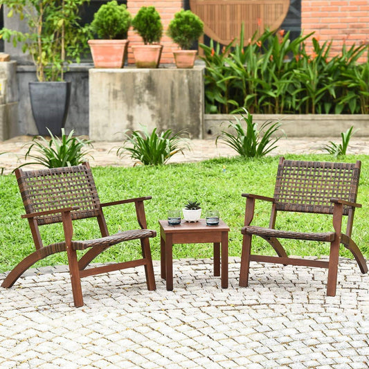 Solid Wood and Rattan 3-Piece Outdoor Patio Furniture Table Chairs Set - - Outdoor > Outdoor Furniture > Patio Furniture Sets