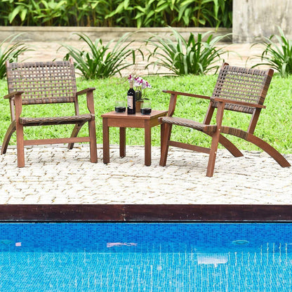 Solid Wood and Rattan 3-Piece Outdoor Patio Furniture Table Chairs Set - - Outdoor > Outdoor Furniture > Patio Furniture Sets
