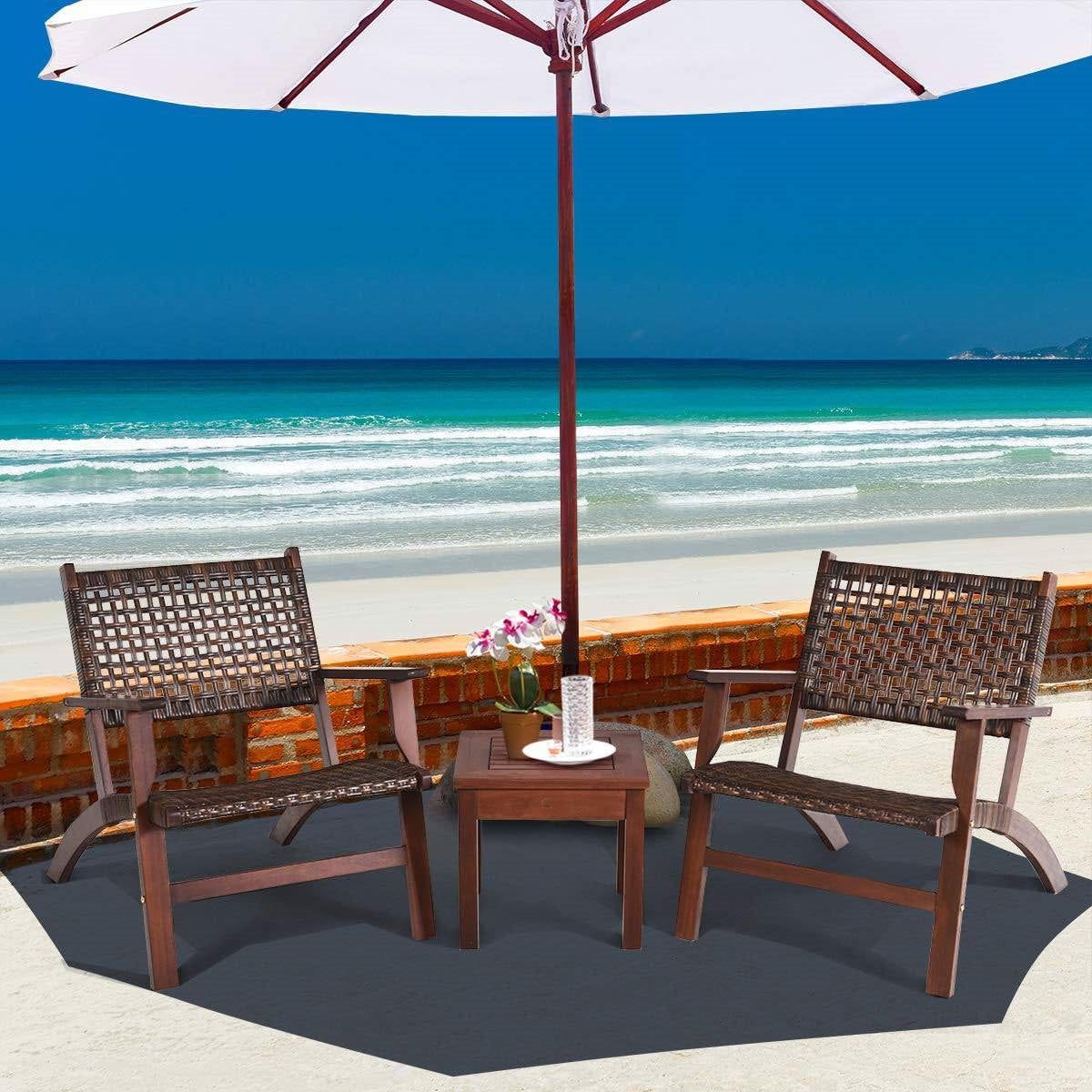 Solid Wood and Rattan 3-Piece Outdoor Patio Furniture Table Chairs Set - - Outdoor > Outdoor Furniture > Patio Furniture Sets