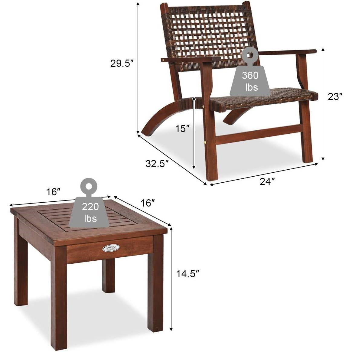 Solid Wood and Rattan 3-Piece Outdoor Patio Furniture Table Chairs Set - - Outdoor > Outdoor Furniture > Patio Furniture Sets