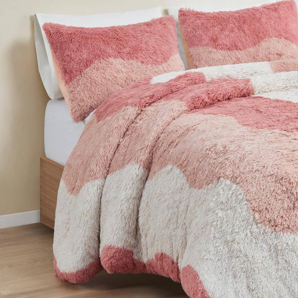 Twin/Twin XL Pink Blush White Reversible Soft Sherpa Faux Fur 2-PC Comforter Set - - Bedroom > Comforters and Sets