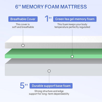 Twin size 6-inch Thick Medium Firm Cool Gel Memory Foam Mattress - - Bedroom > Mattresses
