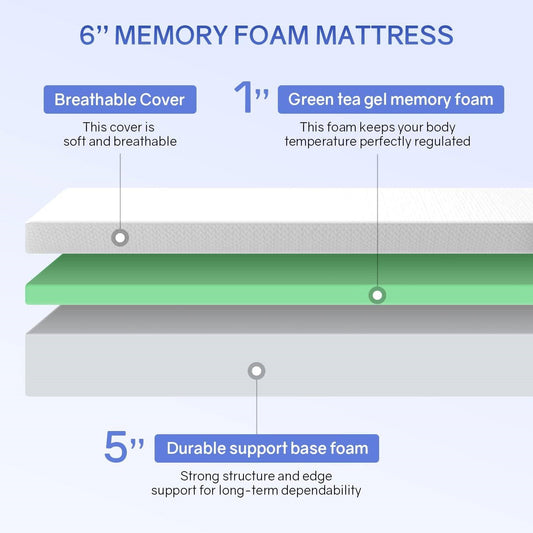Twin size 6-inch Thick Medium Firm Cool Gel Memory Foam Mattress - - Bedroom > Mattresses