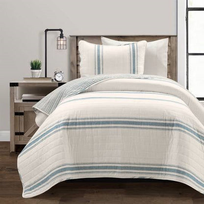 Twin/Twin XL Blue Off-White Stripe 2 Piece Reversible Cotton Quilt Set - - Bedroom > Quilts & Blankets