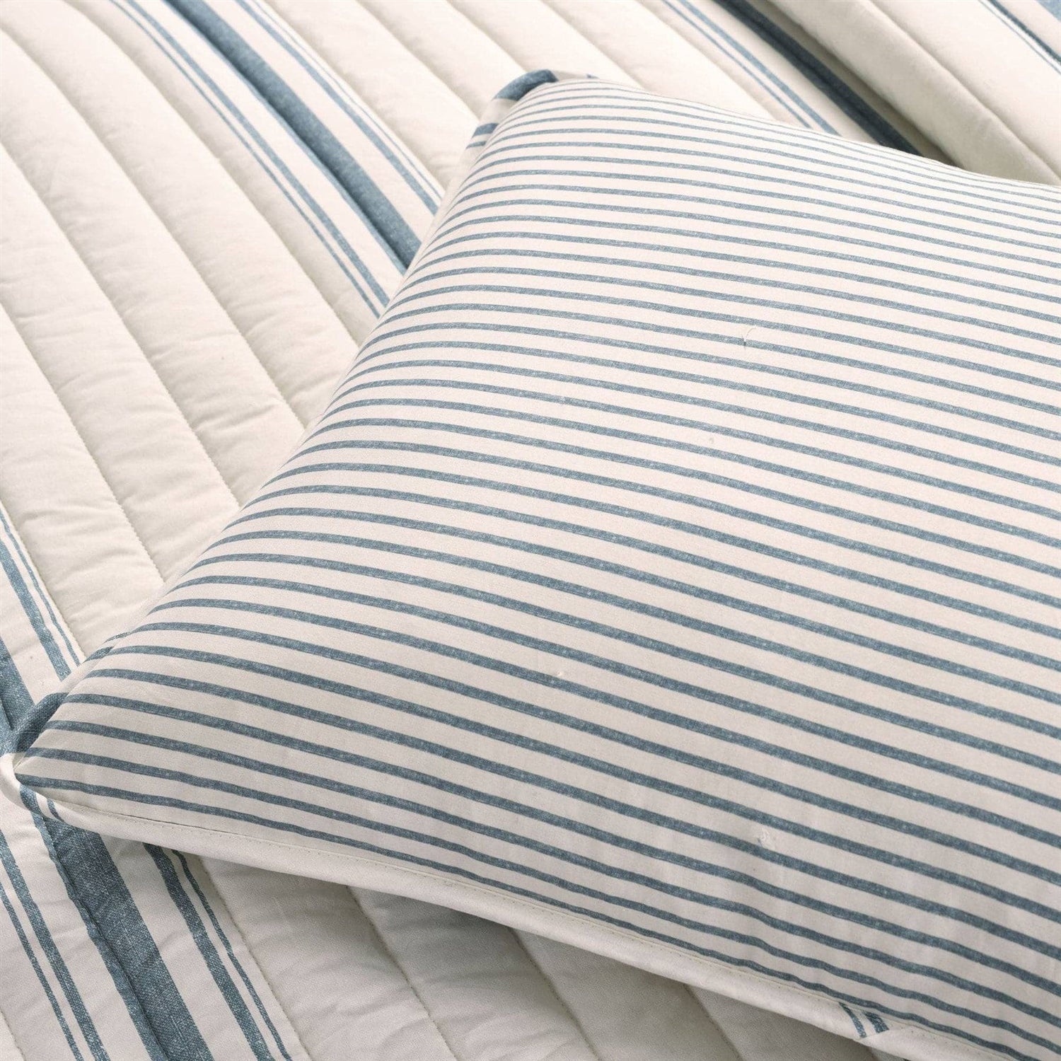 Twin/Twin XL Blue Off-White Stripe 2 Piece Reversible Cotton Quilt Set - - Bedroom > Quilts & Blankets