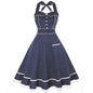 Womens Retro Polka Dot 50s Dress with Pleats - Blue S - dress