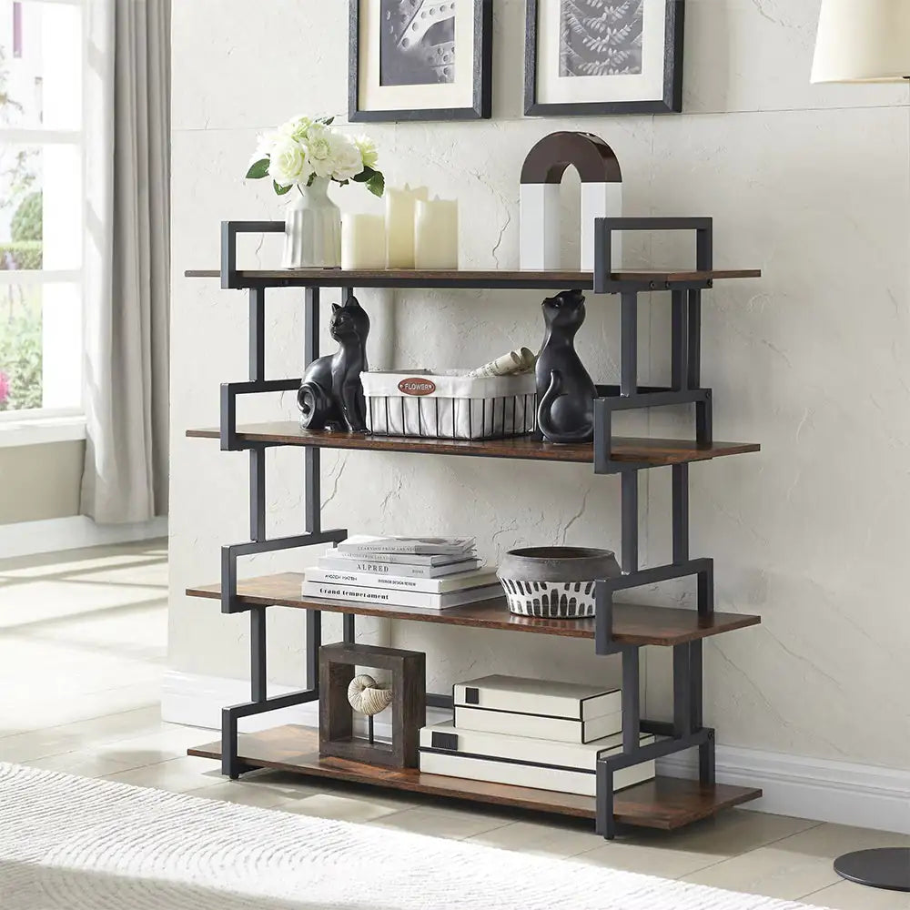 Industrial 4-tier Bookshelves, Metal And Wood Bookshelves, Open Widescreen Display Storage Bookshelves Kia Day Design
