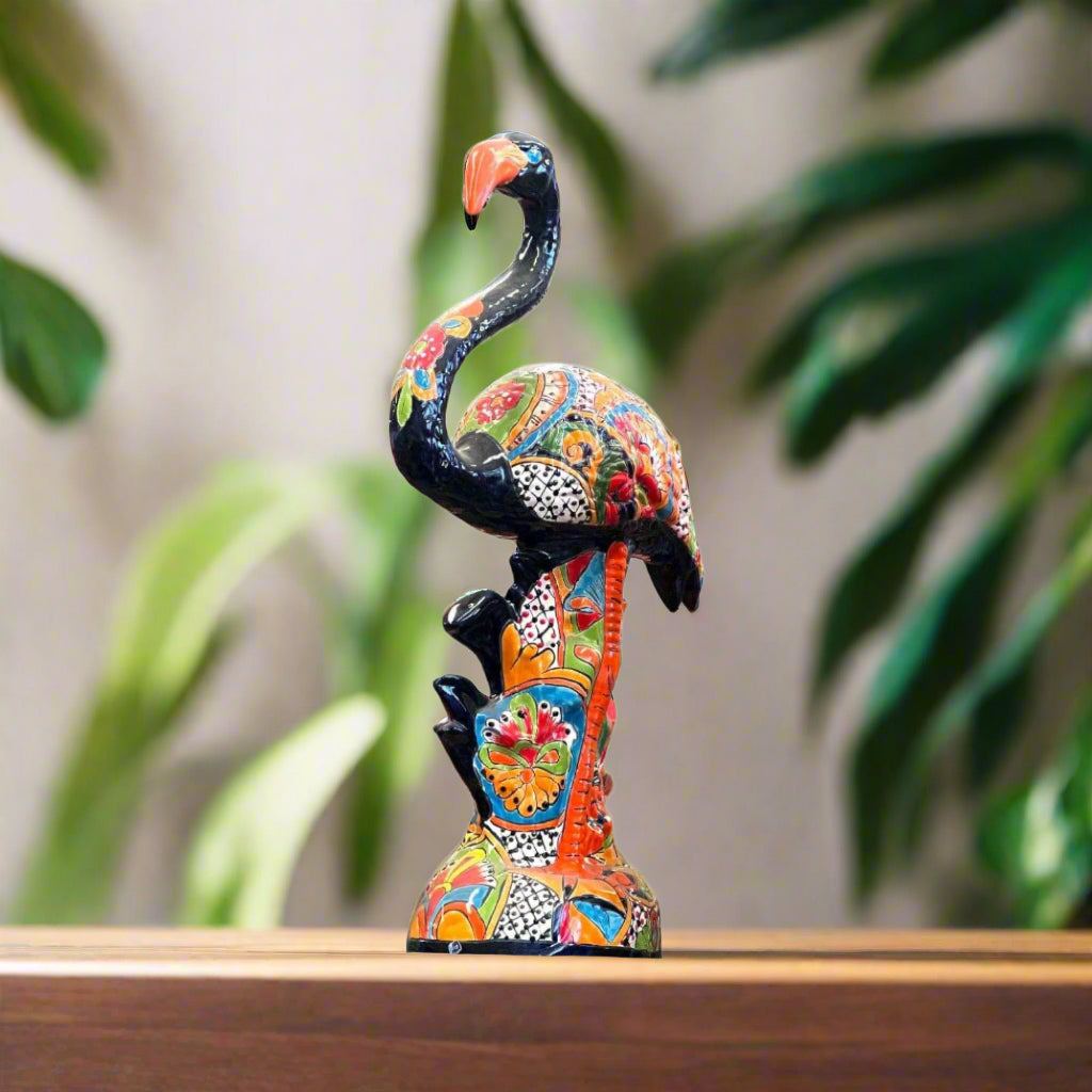 Talavera Flamingo Statue Hand-Painted Mexican Ceramic Bird Art - - Talavera Statue