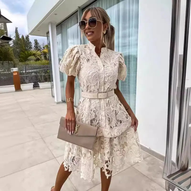 2024 Spring/Summer Short Sleeve Lace Button Dress - Kia Day Design