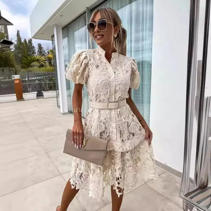 2024 Spring/Summer Short Sleeve Lace Button Dress - Kia Day Design