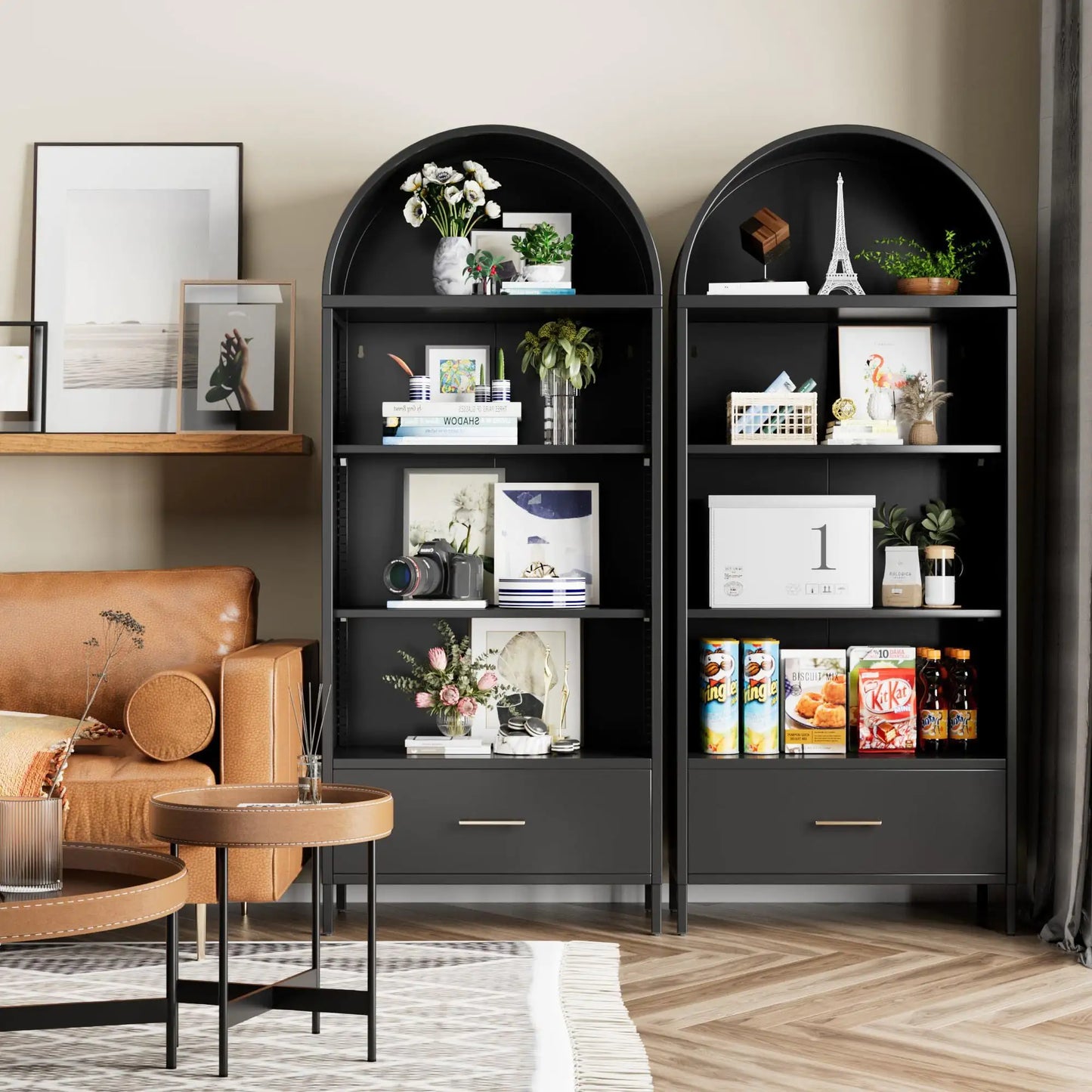 Black Metal Arched Bookshelf with Drawer - - Shelf