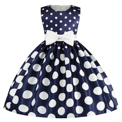 Satin Dresses For Girls Navy Blue Polka Dots 5T