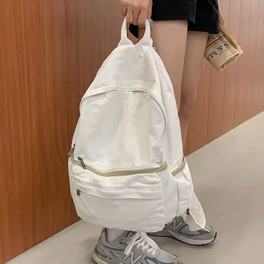 Retro Large Capacity Washed Canvas Backpack - White - bookbag