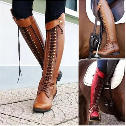 Knee-High Studded Lace-Up Chunky Heeled Boots - - heeled boots