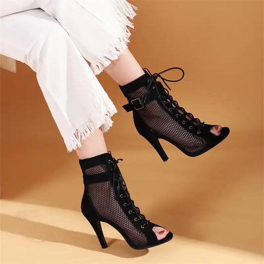 Peep Toe Gladiator Ankle Boots - black flock - Shoes