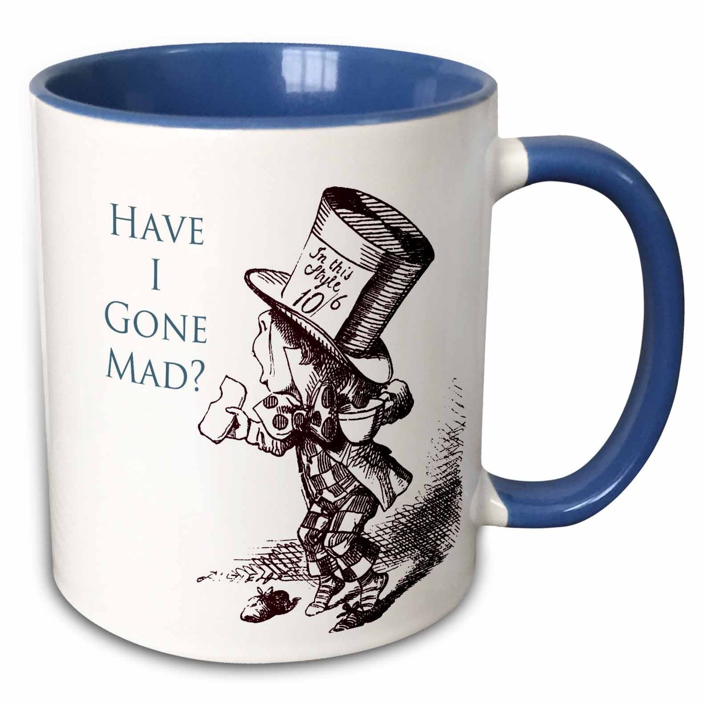 3dRose PS Vintage - Mad Hatter Have I gone Mad Alice in Wonderland - Mugs (mug_110410) - 15oz Two-Tone Blue Mug - Mug
