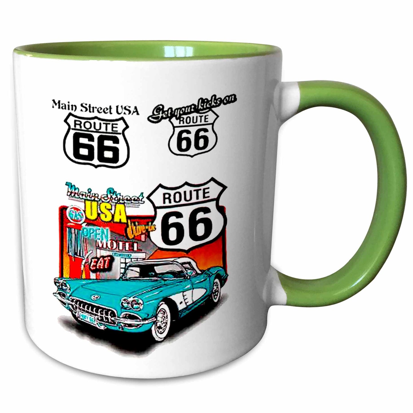 3dRose Signs - Route 66 - Mugs (mug_1010) - 11oz Two-Tone Green Mug - Mug
