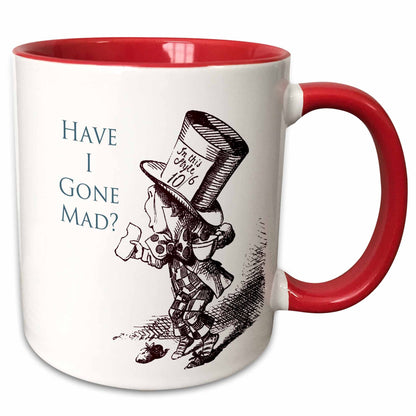 3dRose PS Vintage - Mad Hatter Have I gone Mad Alice in Wonderland - Mugs (mug_110410) - 11oz Two-Tone Red Mug - Mug