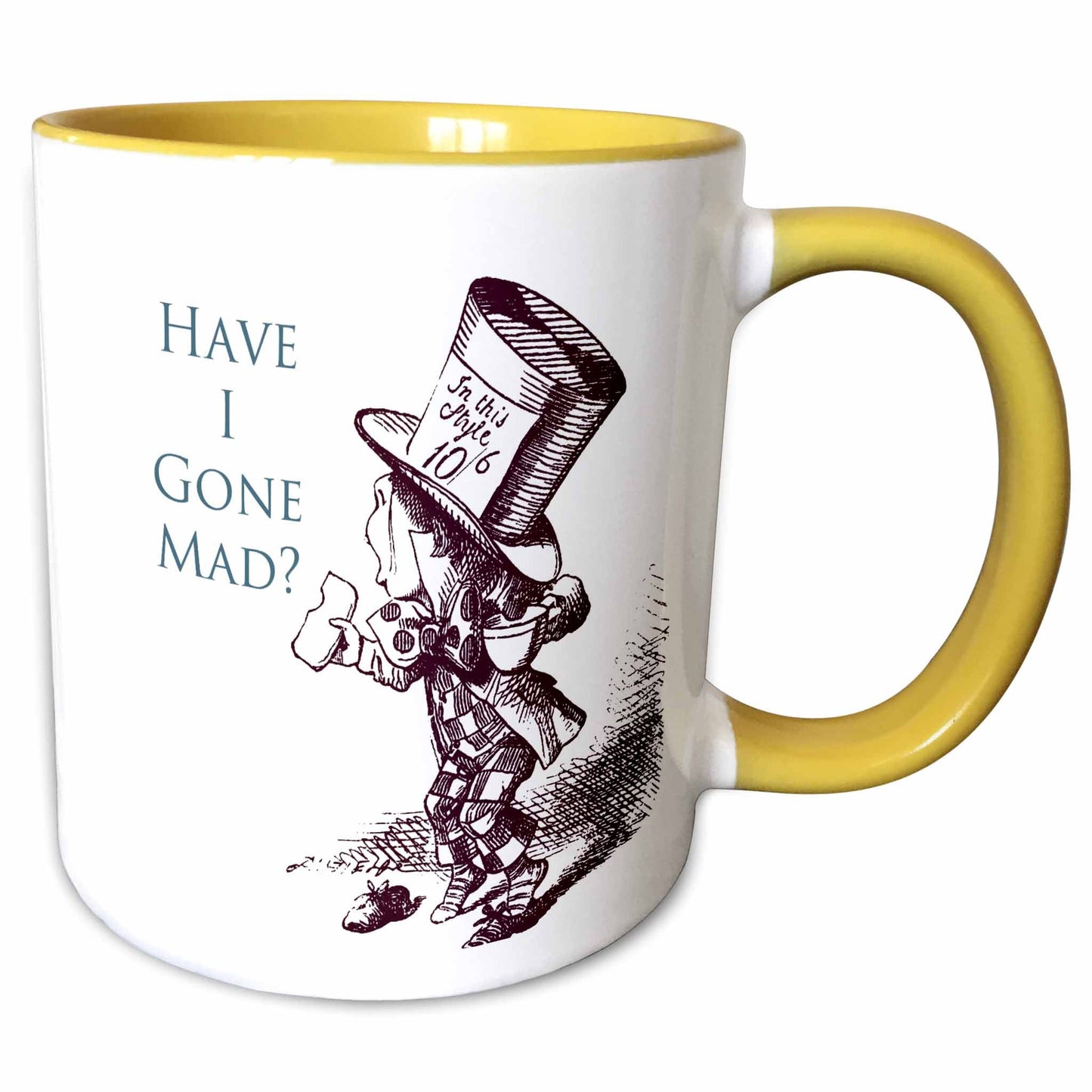 3dRose PS Vintage - Mad Hatter Have I gone Mad Alice in Wonderland - Mugs (mug_110410) - 15oz Two-Tone Yellow Mug - Mug