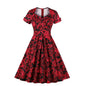 Retro Floral Waist-Defined Dress - Red XL - dress