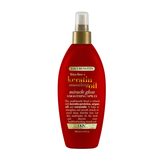 OGX Frizz-Free + Keratin Smoothing Oil Miracle Gloss Spray 5 in 1 De-frizz & Shiny Hair Argan Oil