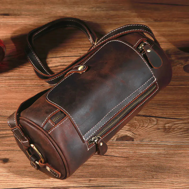Retro Genuine Leather Round Barrel Messenger Bag Kia Day Design