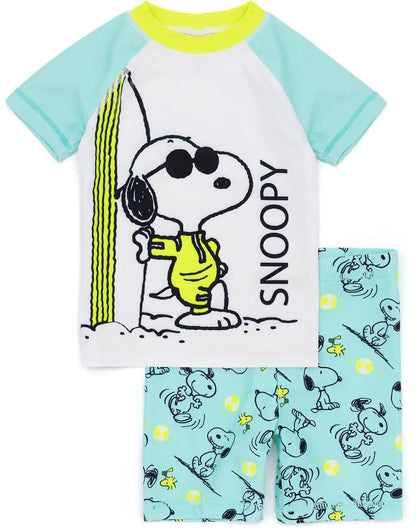 Peanuts Snoopy Swimsuit Set for Boys | Kids Blue 2 Piece T-Shirt & Shorts All in One Swimming Bundle | Swimwear Body Wear