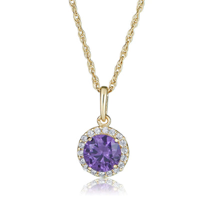 AVORA 10K Yellow Gold February Birthstone-Genuine Amethyst with Simulated Diamond CZ Halo Pendant Necklace with 18" Chain Kia Day Design