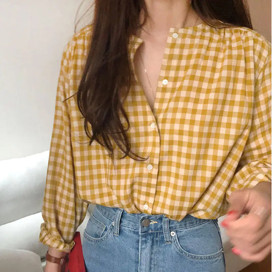 Loose Checkered Button-Up Long Sleeve Shirt - Kia Day Design
