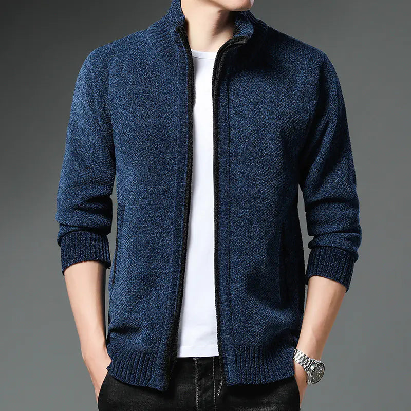 Mens High Collar Casual Chenille Sweater - 8811 navy blue - Sweater