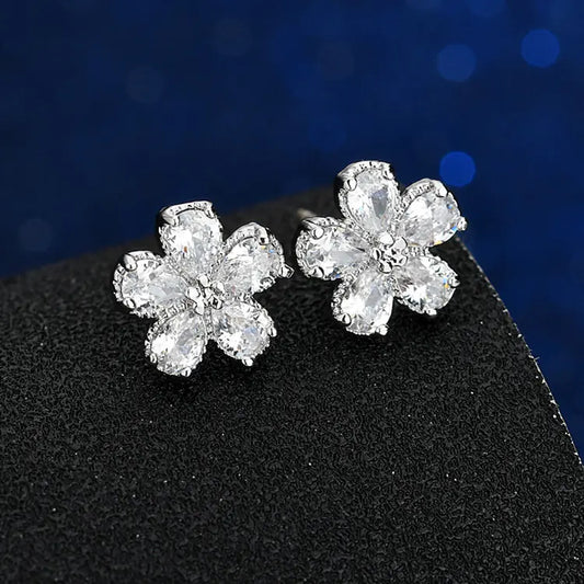 S925 Silver Ruby Floral Stud Earrings for Women
