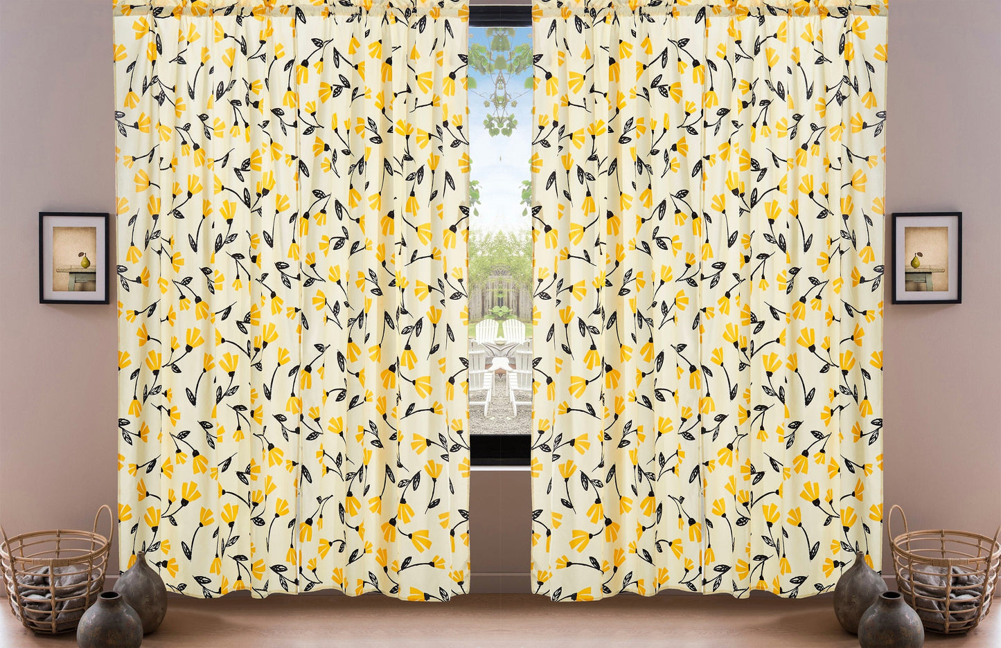 DaDa Bedding Set of 2 Botanical Floral Window Curtain Panels - Natural Semi Sheer Yellow Fleur Golden Orange Spring Time Tulips Straight Tailored Edge - - Curtains