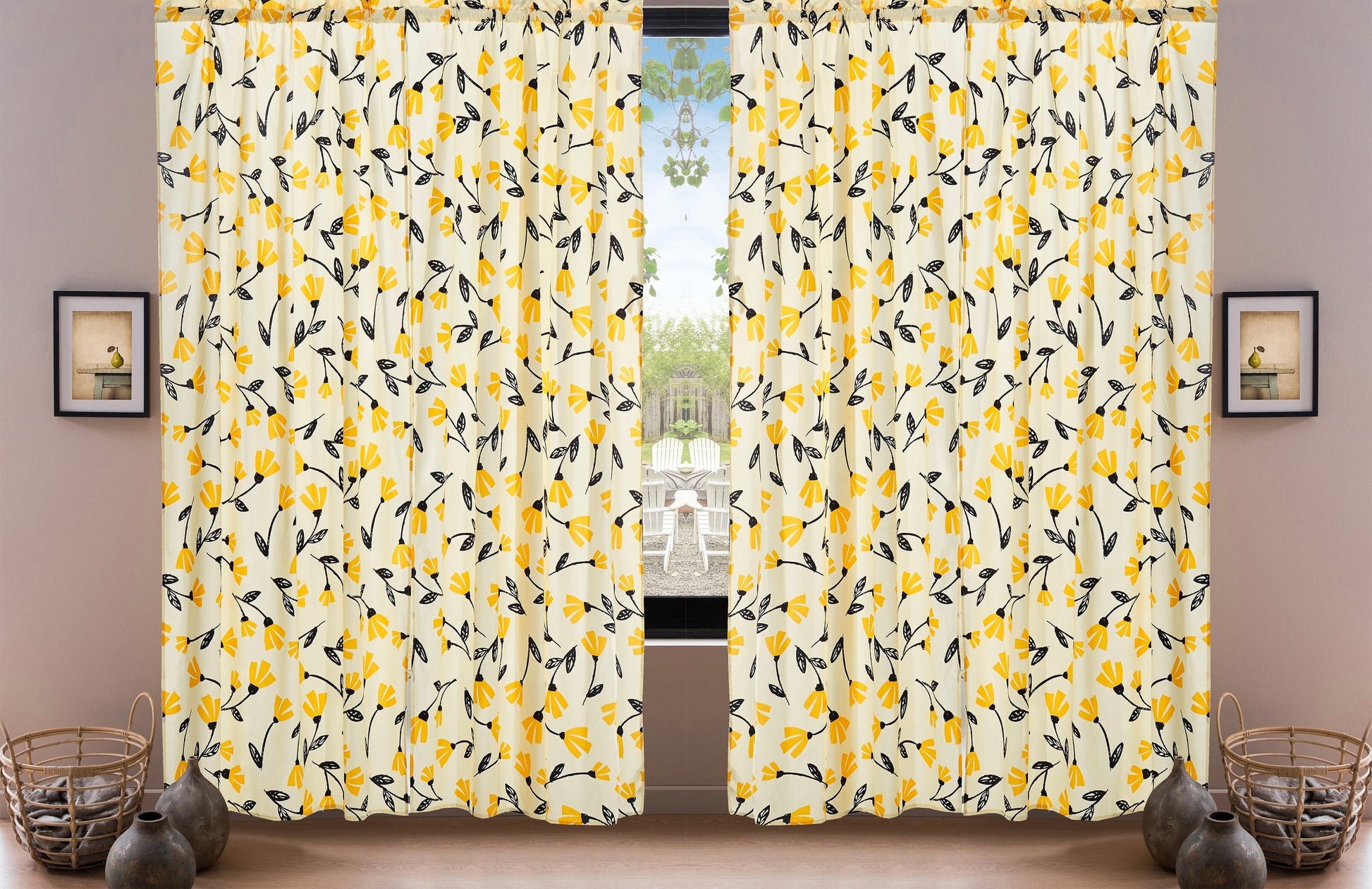 DaDa Bedding Set of 2 Botanical Floral Window Curtain Panels - Natural Semi Sheer Yellow Fleur Golden Orange Spring Time Tulips Straight Tailored Edge - - Curtains