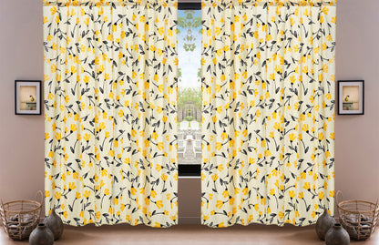 DaDa Bedding Set of 2 Botanical Floral Window Curtain Panels - Natural Semi Sheer Yellow Fleur Golden Orange Spring Time Tulips Straight Tailored Edge - - Curtains