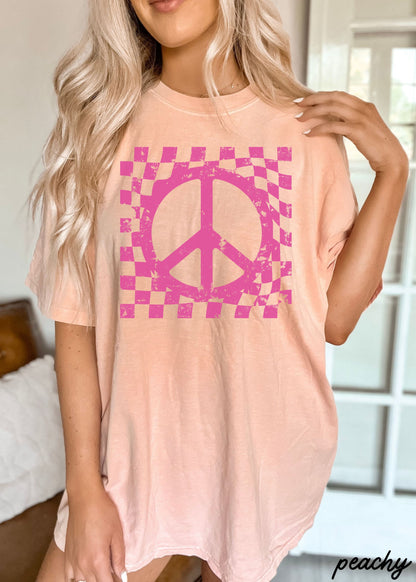 Checkered Peace Sign Tee - Peachy - shirt