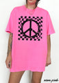 Checkered Peace Sign Tee - Neon Pink - shirt