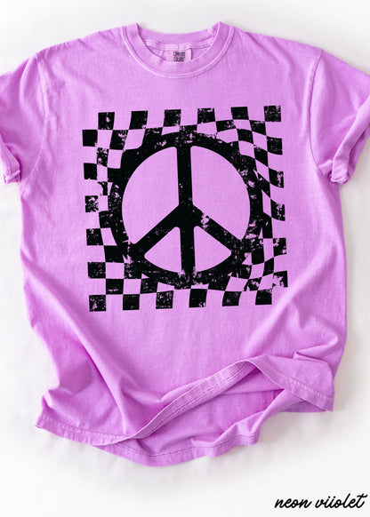 Checkered Peace Sign Tee - Neon Violet - shirt