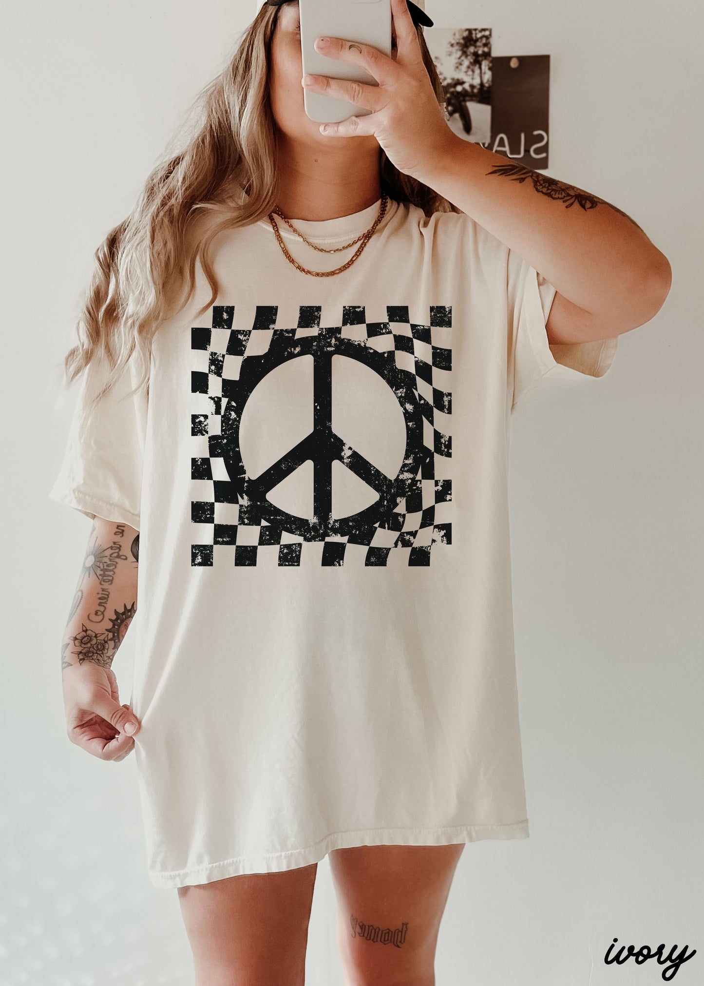 Checkered Peace Sign Tee - Ivory - shirt