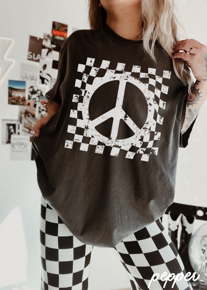 Checkered Peace Sign Tee - Pepper - shirt