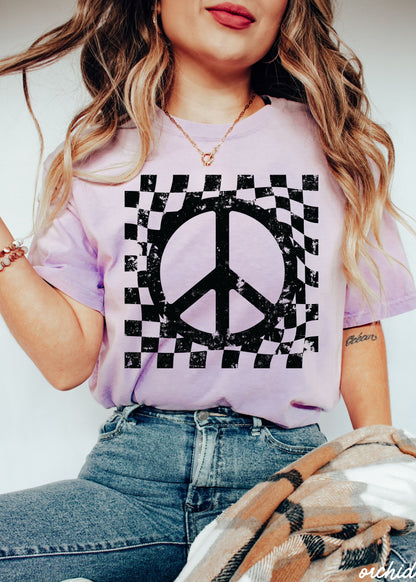 Checkered Peace Sign Tee - Orchid - shirt