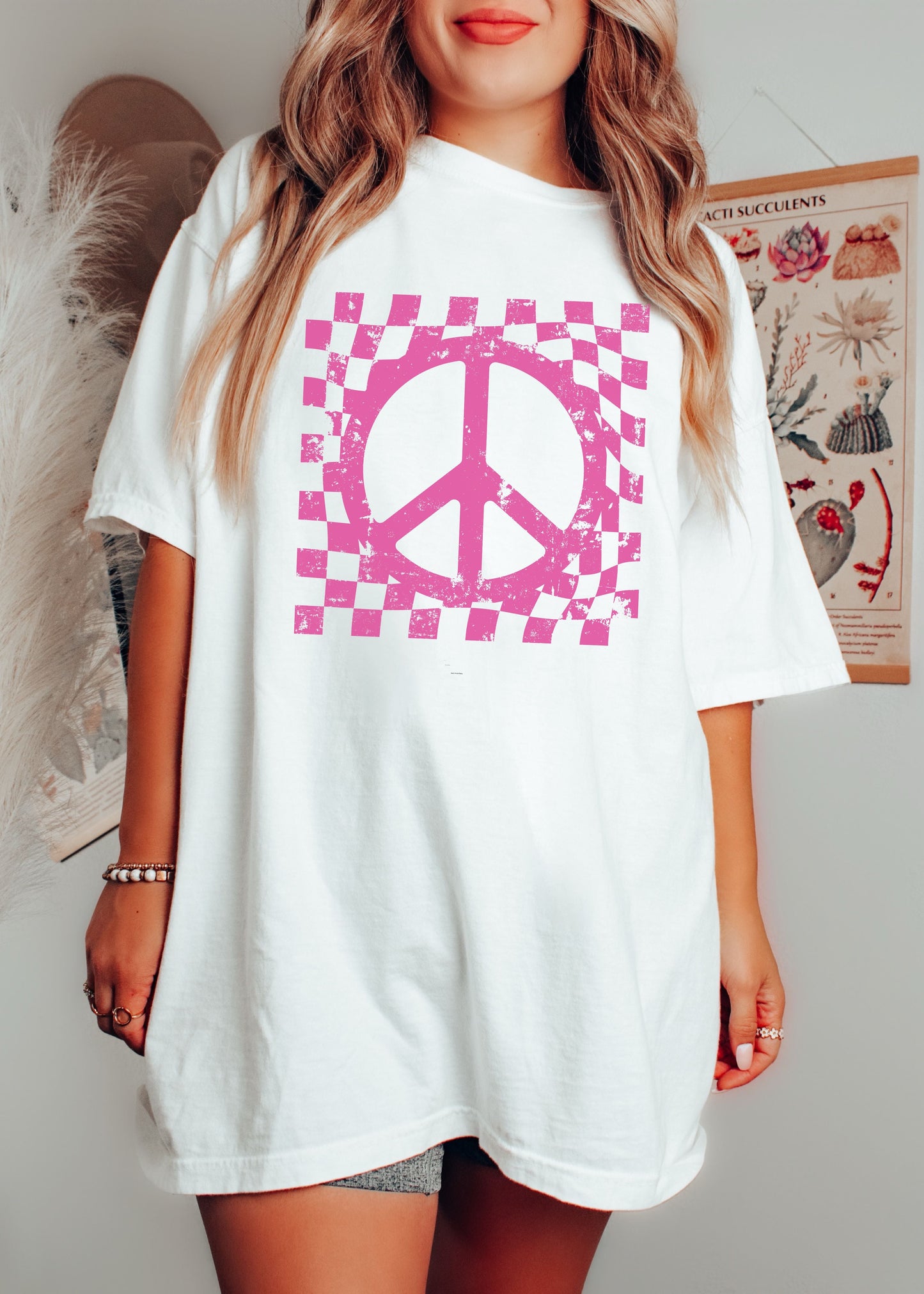 Checkered Peace Sign Tee - White - shirt