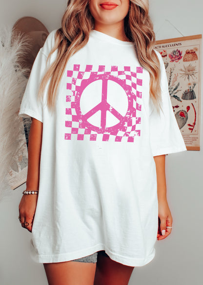 Checkered Peace Sign Tee - White - shirt